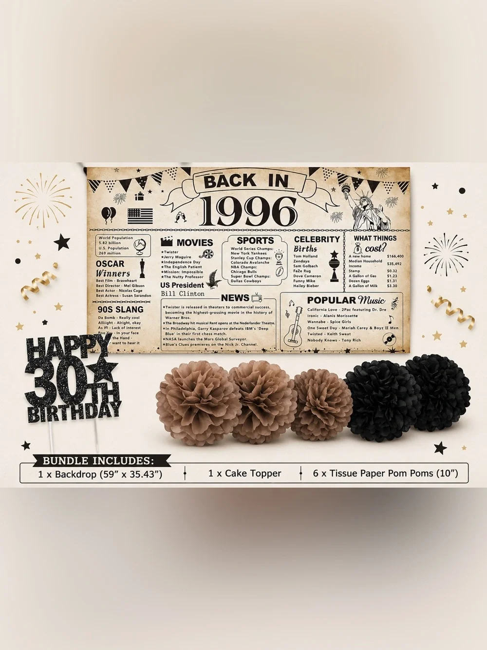 Back in 1996 Party Decor (Banner, cake topper, & 6 tissue paper Poms included!)